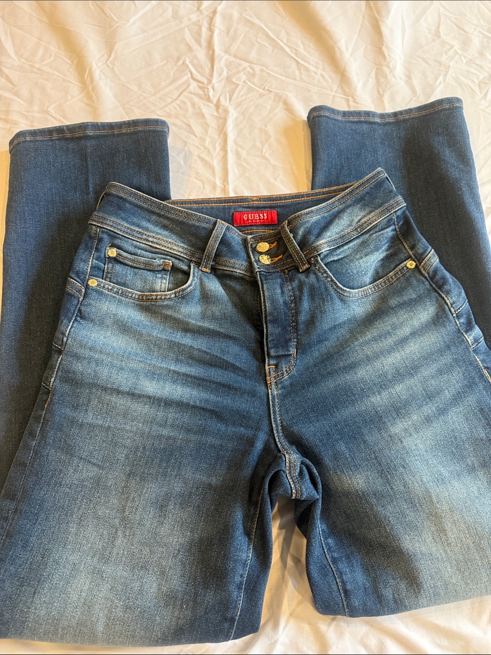 GUESS Women's Bootcut Jeans in Medium Blue Denim with Fading